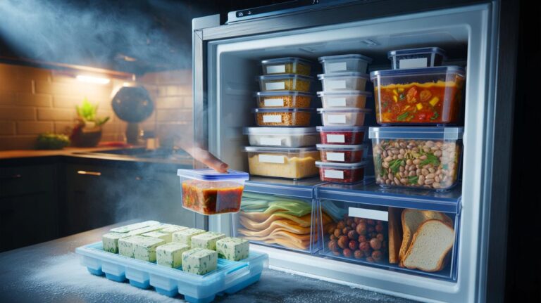 Illustration of labeled and dated meal portions in containers and freezer bags neatly organized on shelves inside a home freezer