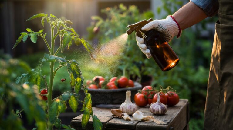 Illustration of a gardener spraying tomato plants with a homemade garlic spray to repel aphids