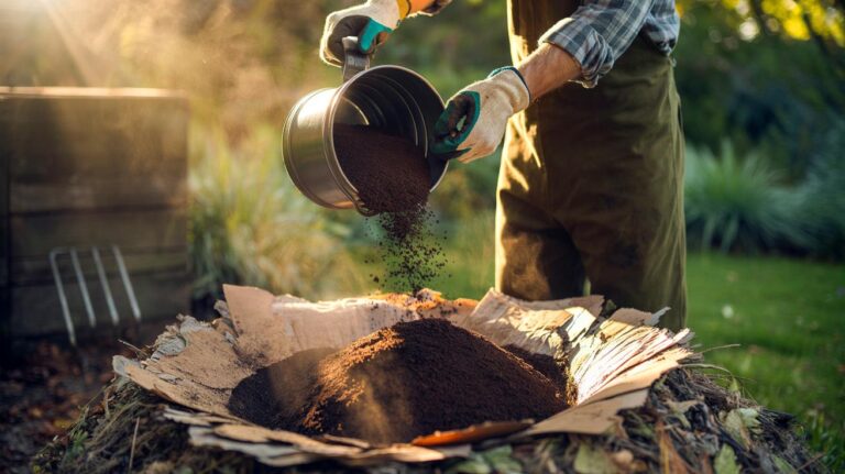 Illustration of used coffee grounds being mixed into a compost pile to boost nitrogen balance