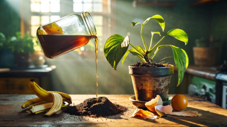Illustration of kitchen-waste plant rescue tea made from banana peels, eggshells, and onion skins being poured into the soil of a wilted houseplant to restore greener leaves