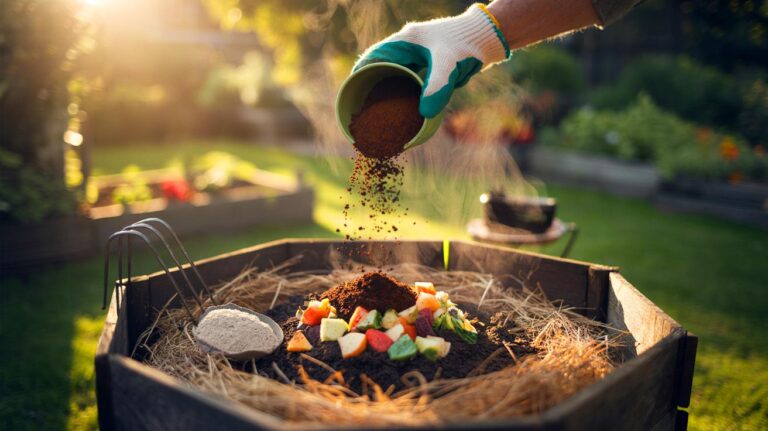 Illustration of kitchen scraps—coffee grounds, chopped produce, and live-culture starters—being layered with dry browns in a backyard compost bin to accelerate composting