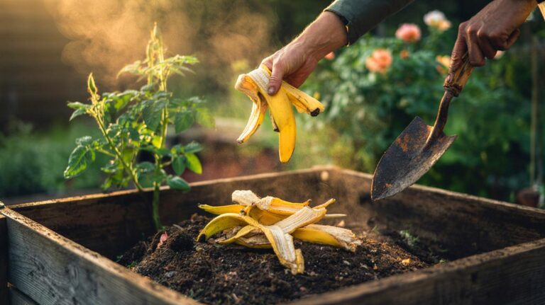 Illustration of banana peels being added to a compost pile to boost plant health