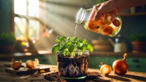 Illustration of leftover onion water being applied to the soil around seedlings to strengthen plant roots naturally
