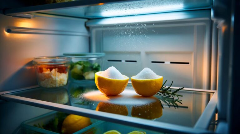 Illustration of lemon peel cups filled with baking soda placed on a refrigerator shelf to keep the refrigerator smelling fresh for weeks