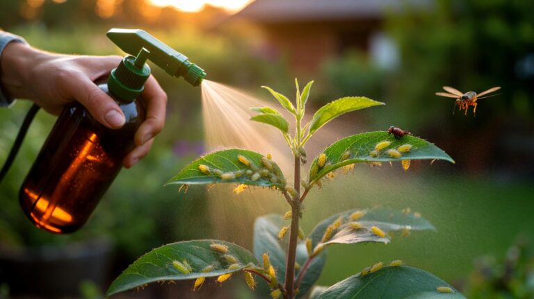 Illustration of a botanist‑recommended soap–neem spray being applied to aphid‑infested plant leaves for safe control