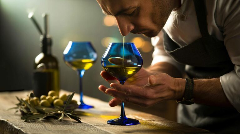 Illustration of a chef swirling and sniffing olive oil in a small blue tasting glass to judge fruitiness, bitterness, and pungency