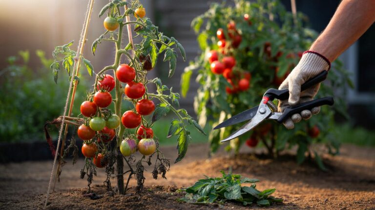 Illustration of over-pruning tomato plants by removing too much foliage, the common mistake that weakens vines and exposes fruit to sunscald