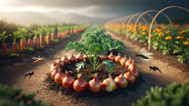 Illustration of onion peels spread around vegetable seedlings in a vegetable patch to deter pests
