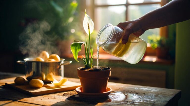 Illustration of potato water being used to revive a drooping houseplant