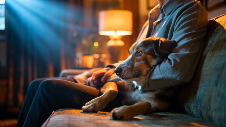 Illustration of a calm dog resting against its owner and releasing a long, relaxed breath that signals trust