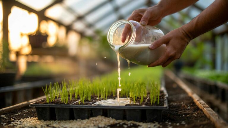 Illustration of diluted rice water being poured onto seedlings in seed trays