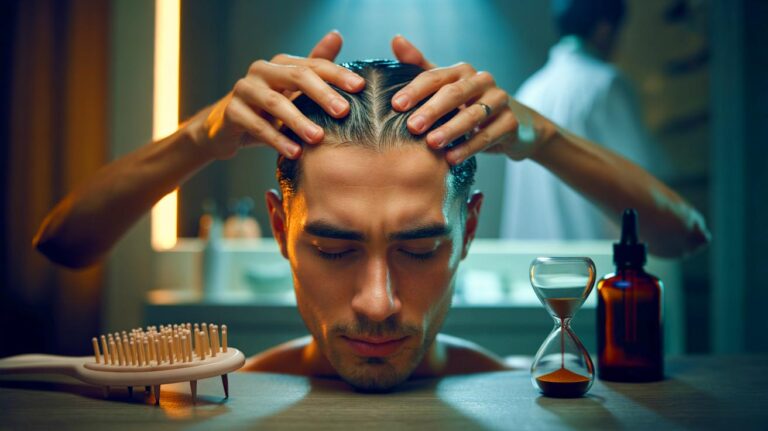 Illustration of a person massaging their scalp with fingertips for five minutes a day to boost hair growth, as recommended by dermatologists
