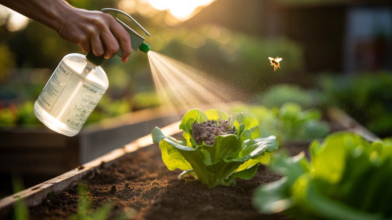Illustration of a simple soap mixture being sprayed on vegetable leaves to deter aphids and other soft-bodied pests without harming the plants