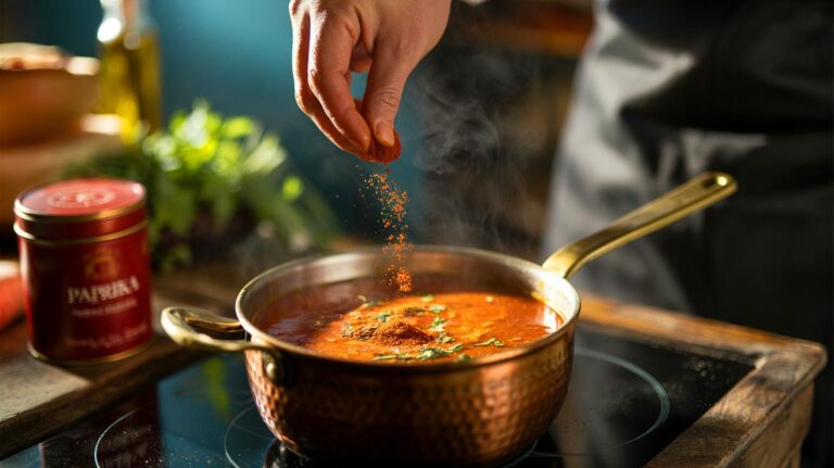 Illustration of smoked paprika being sprinkled into a simmering pot of soup