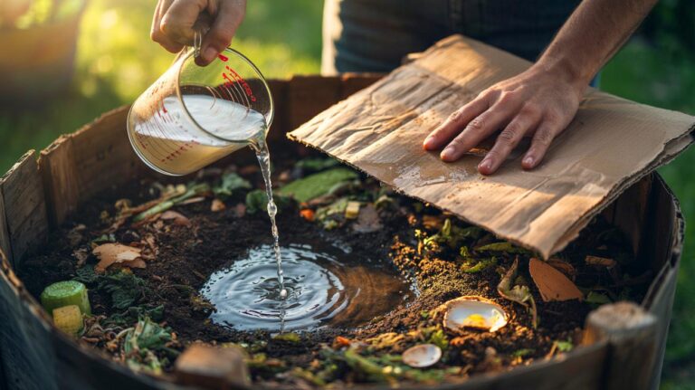 Illustration of pouring cooled starchy cooking water onto a compost pile and covering it with a damp cardboard or paper layer