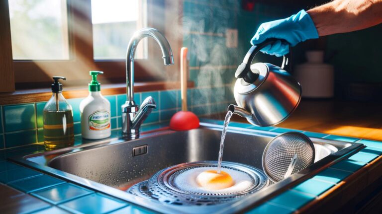 Illustration of unclogging a sink using hot water, baking soda, vinegar, and a plunger, without harsh chemicals