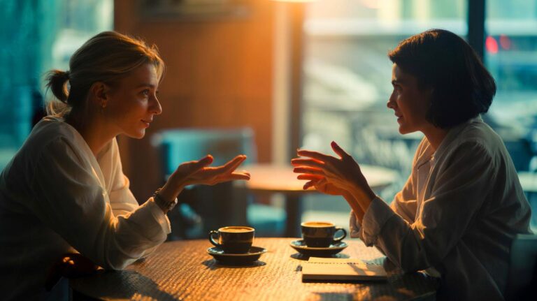 Illustration of a person actively listening and asking genuine follow-up questions during a conversation