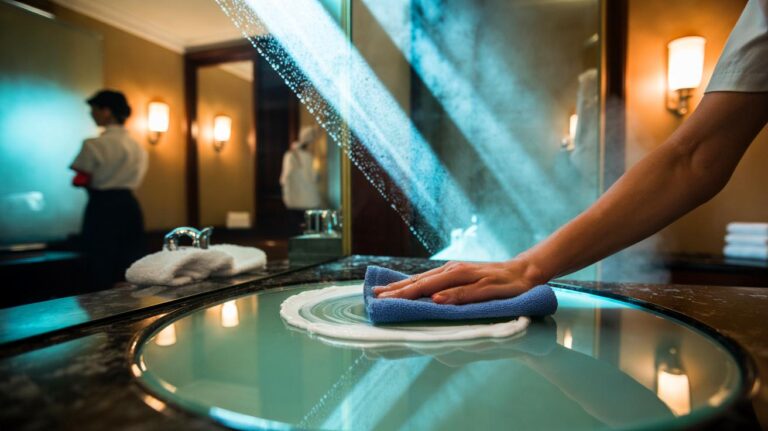 Illustration of a hotel housekeeper applying a thin film of shaving cream and buffing a bathroom mirror to keep it fog-free