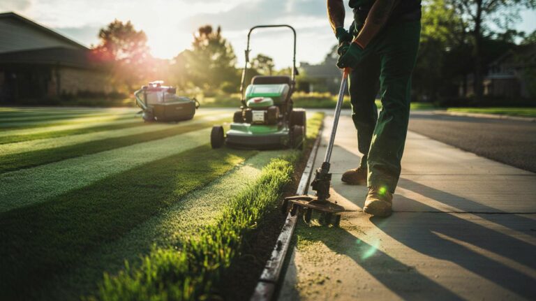 Illustration of a landscaper creating crisp edges and stripes on a lush green lawn to keep it looking freshly mowed longer