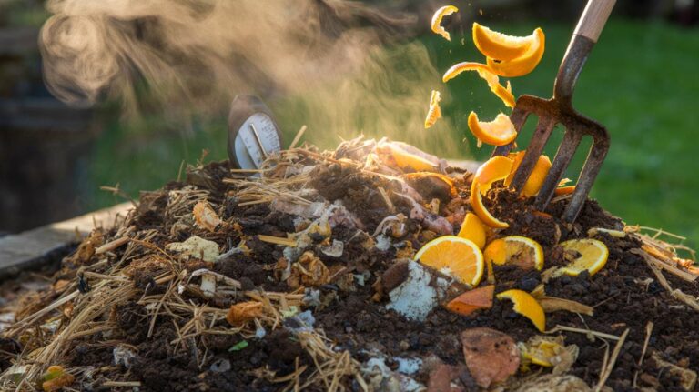 Illustration of shredded orange peels being mixed into a compost pile to accelerate decomposition