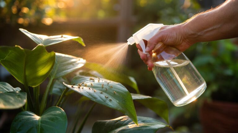 Illustration of a hand spraying diluted white vinegar onto plant leaves to clean spots and deter pests