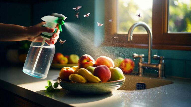 Illustration of vinegar spray being applied around a kitchen sink and fruit bowl to deter fruit flies