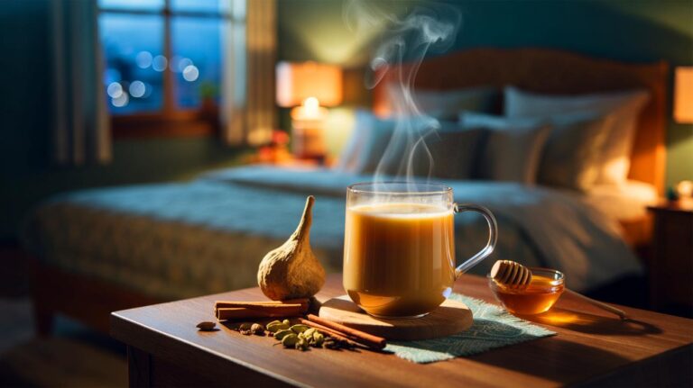 Illustration of a steaming cup of ashwagandha milk on a bedside table at night, a calming ritual to lower cortisol before sleep
