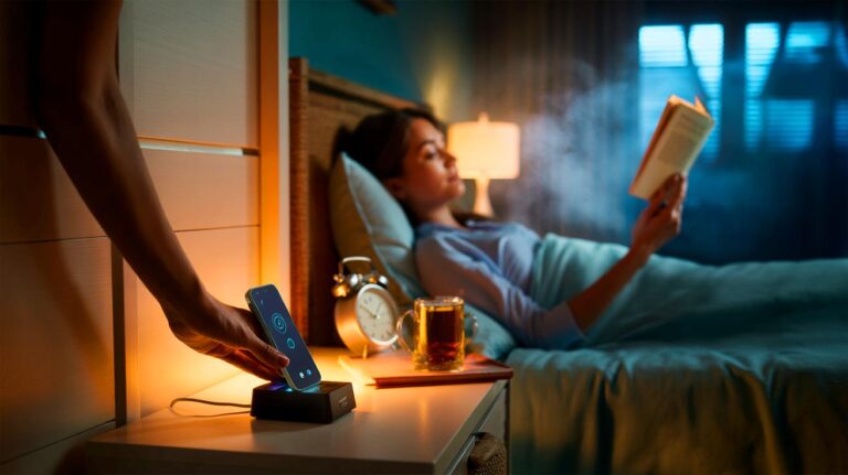 Illustration of a person setting their phone aside before bedtime for one week to support better sleep
