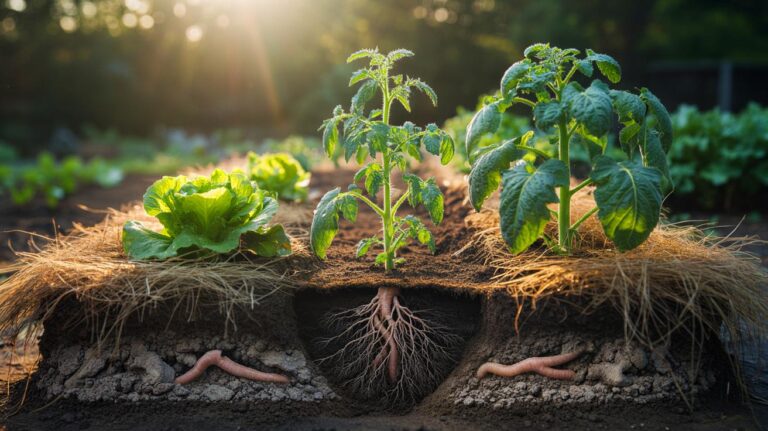 Illustration of a no-dig garden bed with surface mulch, undisturbed soil layers, and thriving vegetables