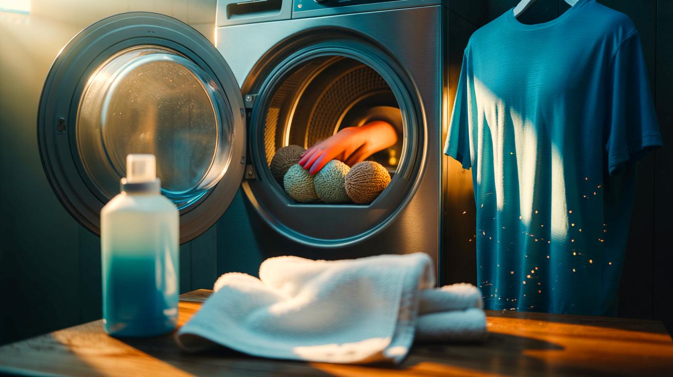 Illustration of stopping the use of fabric softener and its effects on laundry, including more static on synthetics, improved towel absorbency, and the use of dryer balls