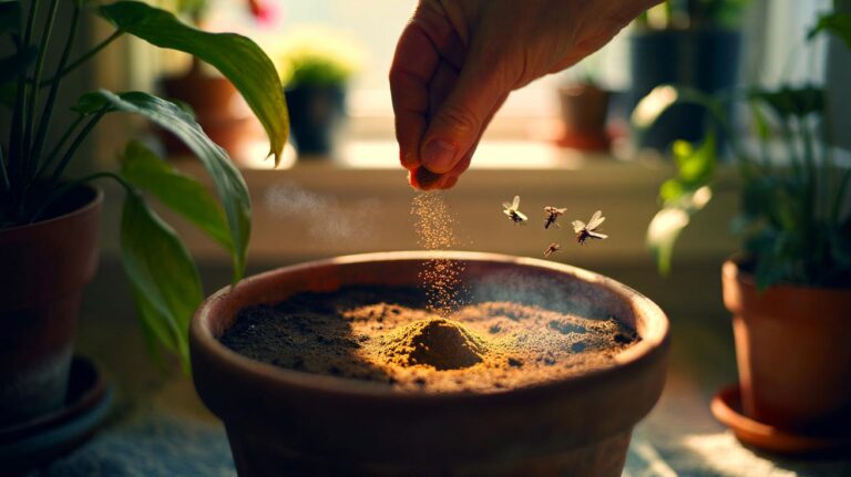 Illustration of ground cinnamon being sprinkled on potting soil to suppress mold and deter fungus gnats on a houseplant