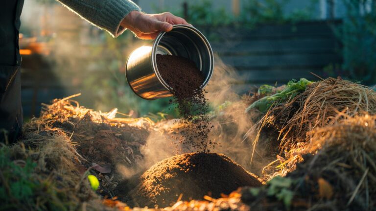 Illustration of coffee grounds being added to a compost pile to raise temperature and accelerate decomposition