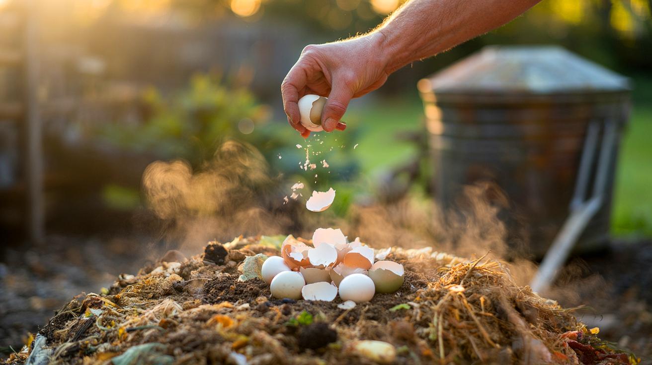 Illustration of crushed eggshells being sprinkled into a backyard compost pile to improve texture and speed decay