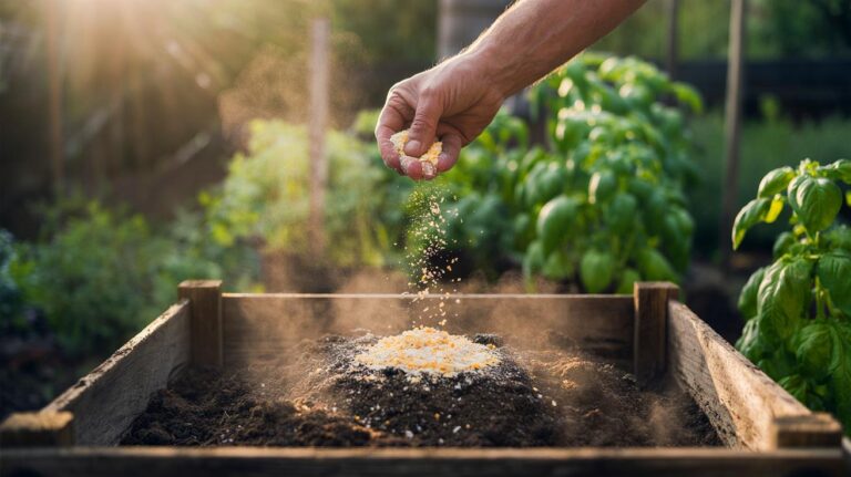 Illustration of crushed eggshells being added to a compost pile to improve calcium levels and accelerate plant nutrient absorption
