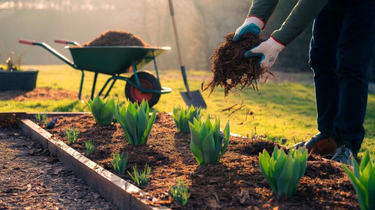 Illustration of adding mulch in spring to keep weeds under control all season