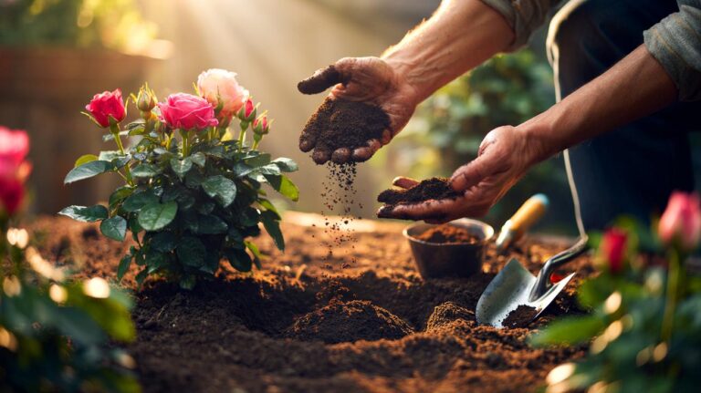 Illustration of a gardener burying spent coffee grounds into the soil around a blooming rose bush