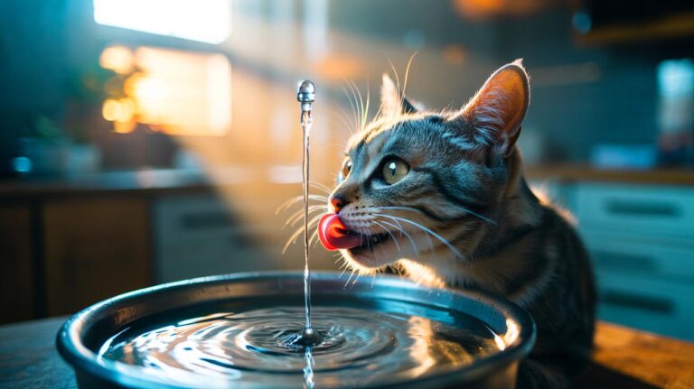 Illustration of a cat drinking from a pet water fountain to promote hydration and kidney health