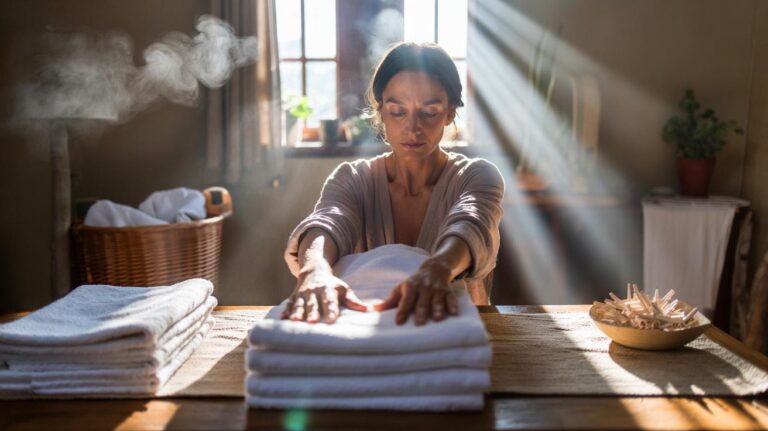Illustration of a person calmly folding laundry as a meditative, stress-relieving routine