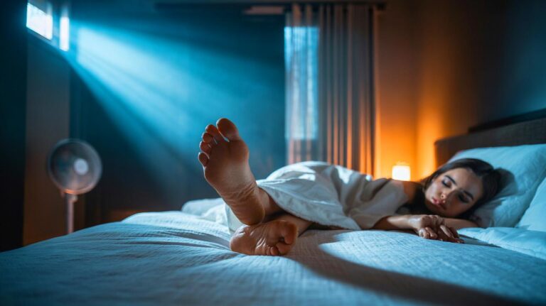 Illustration of a person in bed with one foot outside the covers to cool feet and fall asleep faster