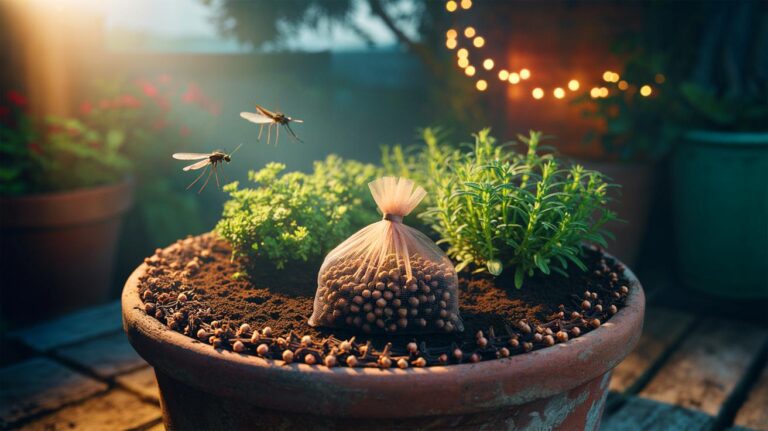 Illustration of clove buds placed around plant pots to repel mosquitoes