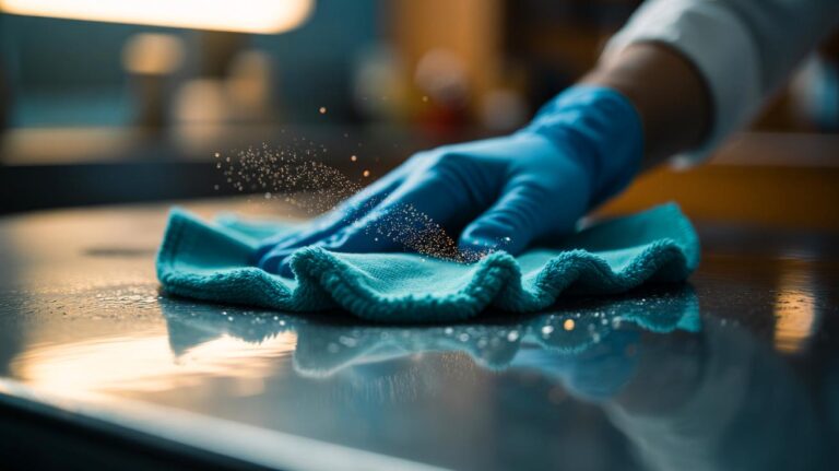 Illustration of a microfiber cloth removing up to 99% of bacteria from a hard surface