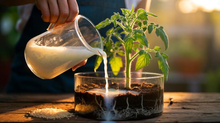 Illustration of rice water being applied near plant roots to promote stronger growth