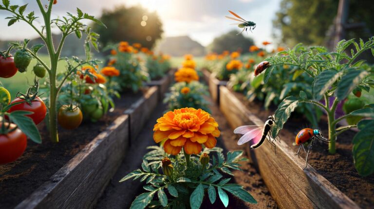 Illustration of marigolds planted near vegetable beds to naturally deter pests