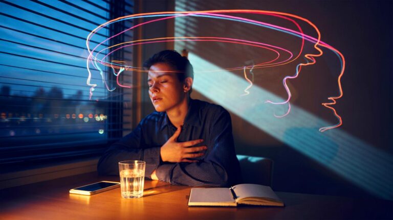 Illustration of anxiety triggered by replaying old conversations and techniques to break the mental loop