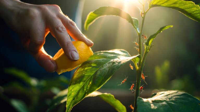 Illustration of a hand rubbing lemon peel on plant leaves to repel ants and aphids