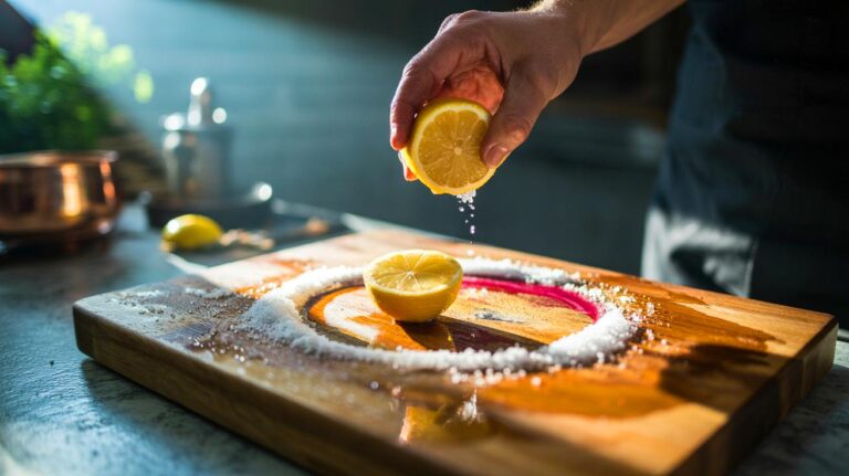Illustration of coarse salt and a halved lemon being used to lift stains from a wooden cutting board