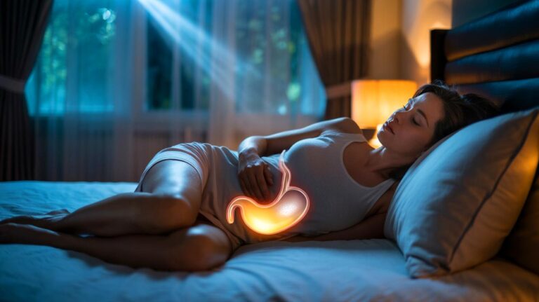 Illustration of a person sleeping on their left side to support digestion and reduce acid reflux
