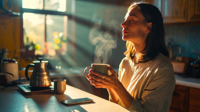 Illustration of a person practicing a slow morning coffee ritual to lower stress