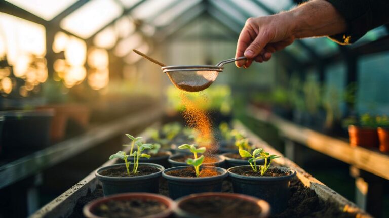 Illustration of ground cinnamon being sprinkled around potted seedlings to suppress fungal growth