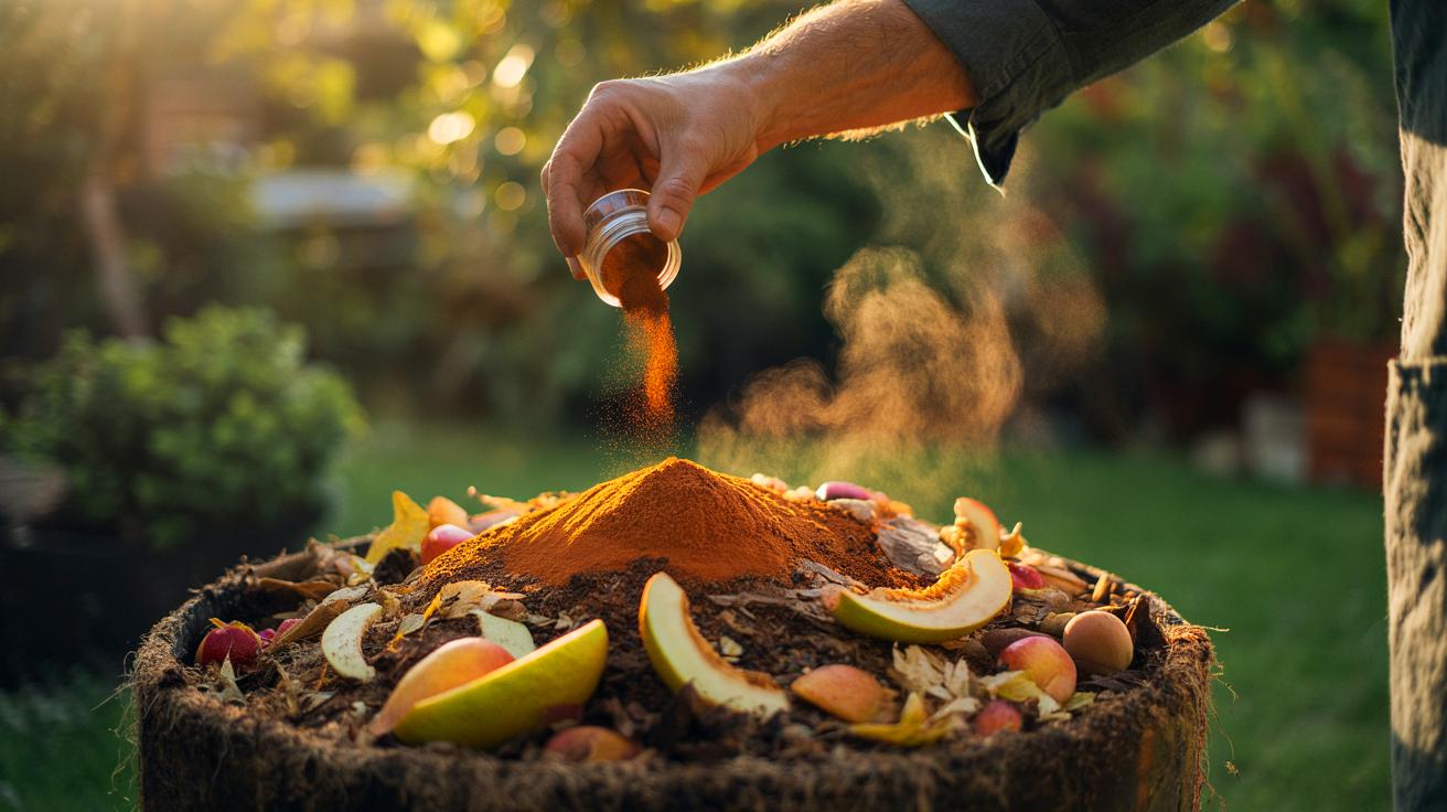 Illustration of a hand sprinkling ground cinnamon over fruit-heavy kitchen scraps in a backyard compost bin
